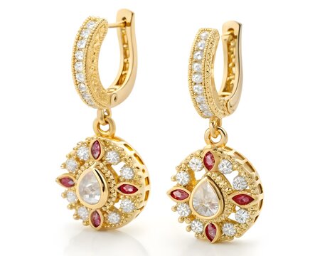 Gold ruby diamond earrings isolated with real transparent background for luxury branding
