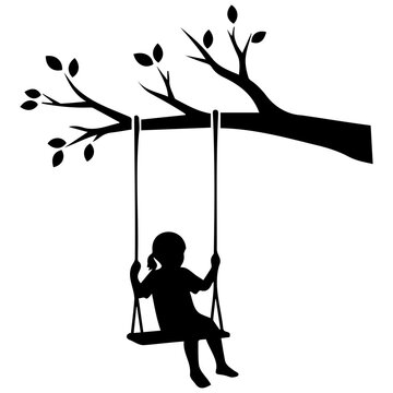 Child girl silhouette on swing hanging from tree branch, vector illustration.