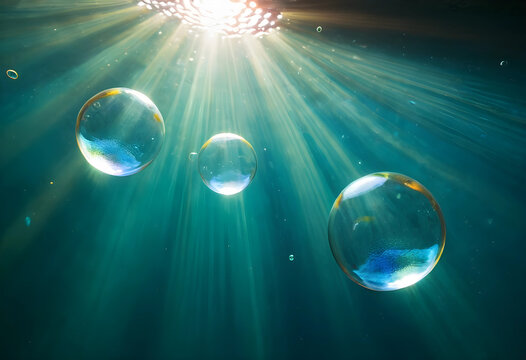 Underwater air bubbles rising towards the surface with sun rays penetrating the deep blue water