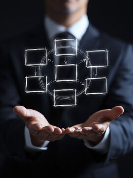 Workflow diagram business man hand open palm suit office management strategy planning process connection network system flow chart organization