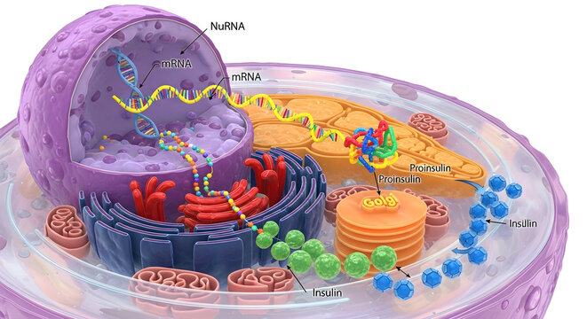 Cellular protein synthesis process showing dna mrna transcription and insulin production 3d.