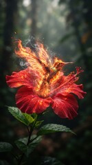 Obraz premium Fiery hummingbird hovering over a red hibiscus flower