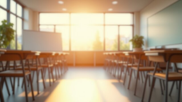 sunlit modern empty classroom wide angle view inspiring academic setting with bokeh background and ample copy space for educational marketing