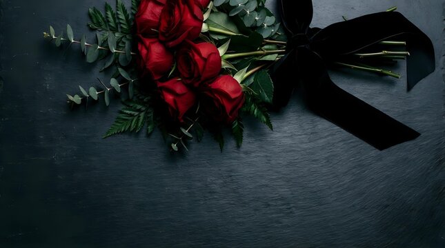 Red roses with green foliage and black ribbon on dark textured surface, suitable for funeral, sympathy, memorial, and condolence occasions.