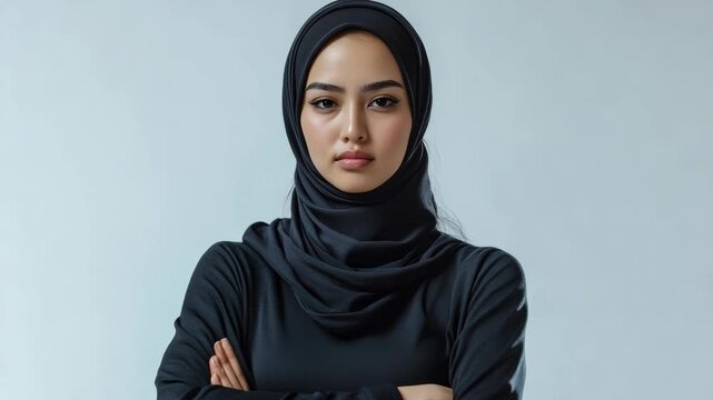 A woman wearing a hijab, looking confident with her arms crossed.