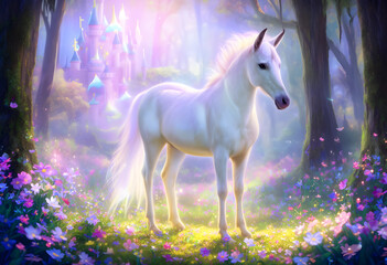 Obraz premium White unicorn standing in a magical forest with a fairytale castle and glowing flowers, fantasy and dreams
