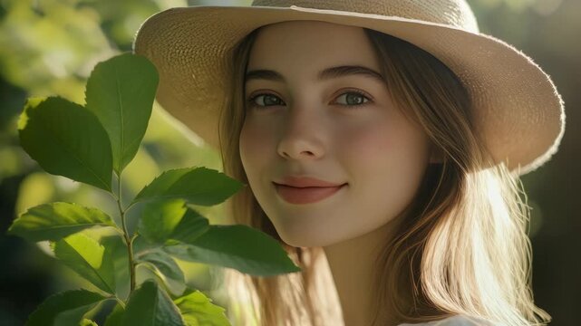 A cheerful young lady wearing a wide-brimmed hat and smiling for the camera while surrounded by lush greenery.