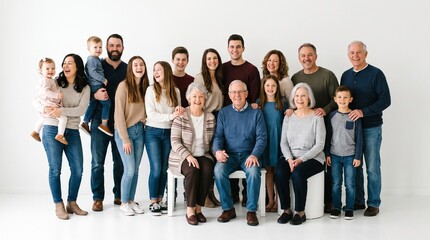 Obraz premium Multi-generational family portrait with parents grandparents and children posing together in studio