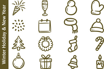 Fototapeta premium Hand-drawn winter holiday and New Year line icons with a snowman, Christmas tree, gift box, wreath, mitten, party popper, champagne glass, scarf, beanie hat, stocking, candy cane, bell, candle