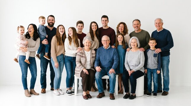 Multi-generational family portrait with parents grandparents and children posing together in studio