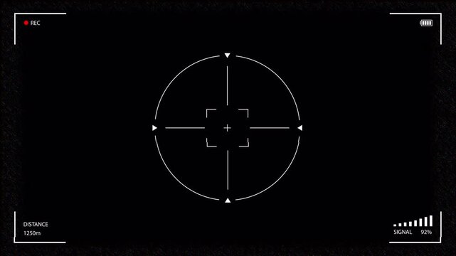 Tactical Digital Viewfinder with Rotating Circular Reticle, Signal Display and Subtle Digital Noise. Rotating Aiming Reticle with Monochrome Hud Display for Futuristic Monitoring
