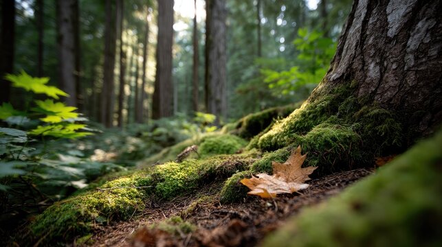 Vibrant forest scene showing moss covering tree roots with sunlight shining through tall trees