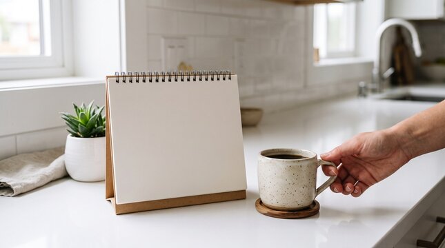 Blank desk calendar and coffee cup on a clean kitchen counter with a hand reaching for it