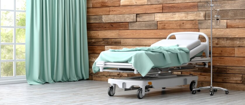 Clean hospital room features a medical bed, ivy stand, and large window. The design uses light green and wood textures for an inviting atmosphere