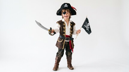 Naklejka premium Joyful young boy dressed as a pirate holding a sword and a Jolly Roger flag against a white background