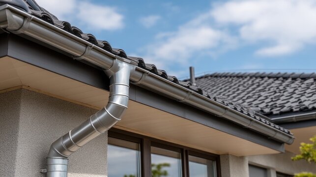 Detailed view of a gray gutter and downspout system on a house showcasing clean lines and a bright sky above