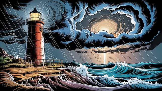 dramatic lighthouse on rocky coast during stormy night with lightning