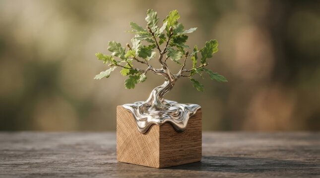 Small oak bonsai tree growing from a wooden block with liquid silver