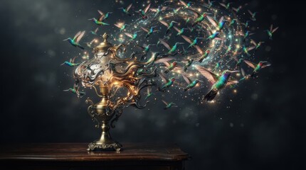 Fototapeta premium Hummingbirds emerging from a glowing vintage lamp