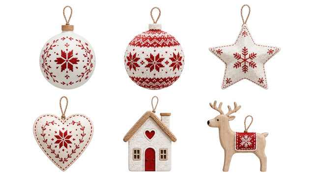 Six red-and-white Nordic style Christmas ornaments including two patterned balls, star, heart, house, and reindeer, all hanging with twine for rustic holiday tree decor