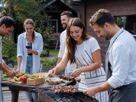 Freunde bereiten gemeinsam Schaschlik am Holzkohlegrill im Garten zu. Die fr&ouml;hliche Gruppe genie&szlig;t Grillen, frische Zutaten und entspanntes Zusammensein im Freien.