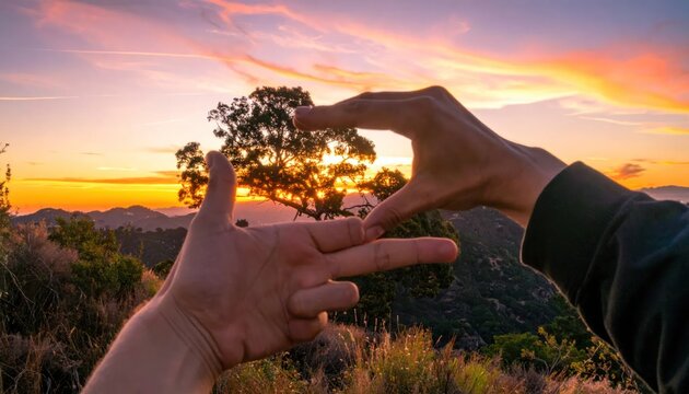 Hands framing a tree during a colorful mountain sunset