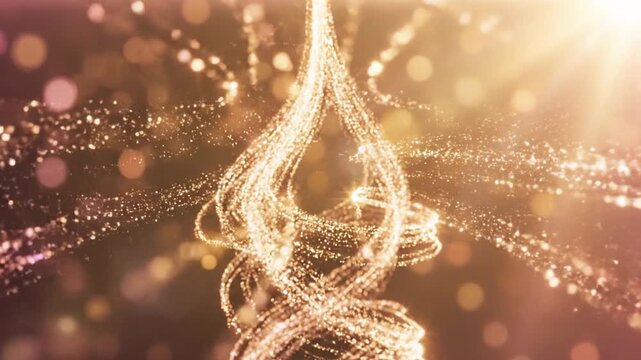 Abstract golden background with glowing particle swirl and bokeh light effects.