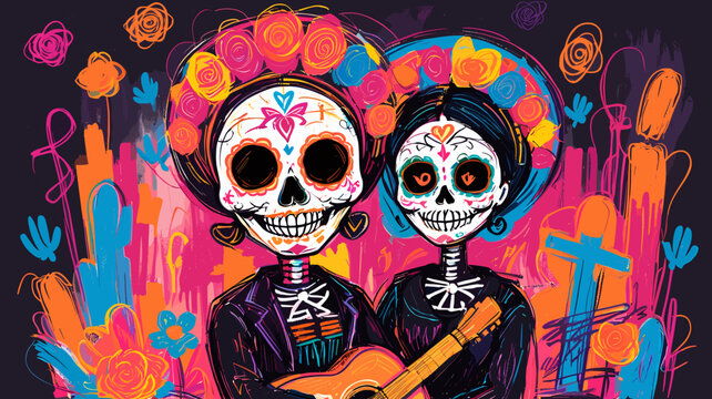 Vibrant illustration of two smiling Catrina skeletons celebrating Dia de los Muertos with a guitar and colorful festive background.