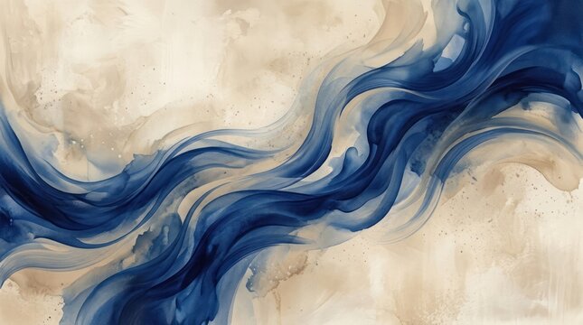 Abstract blue and beige watercolor swirls on a beige background. The abstract art concept of fluidity and movement.