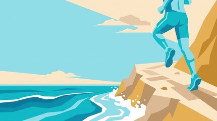 Fototapeta premium A stylized runner traverses a coastal path beside a vibrant blue ocean under a clear sky