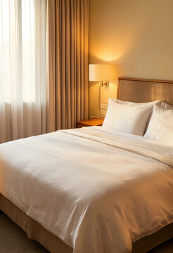 Clean and comfortable hotel room with a neatly made bed, soft pillows, and Warm lighting from a bedside lamp