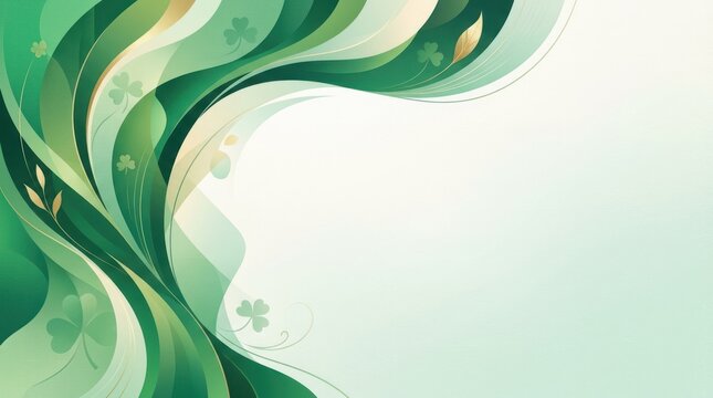 Green abstract floral design with shamrocks on a white background.