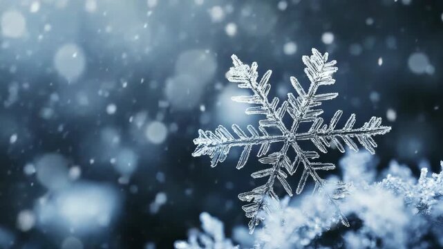 Single snowflake on a white background with additional snowflakes falling softly in the distance, creating an idyllic winter scene.