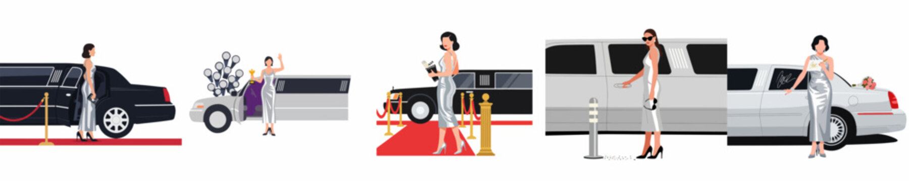 Glamorous celebrity woman arriving at a red carpet event in a luxury limousine, posing for paparazzi photographers at a gala movie premiere or award ceremony vector illustration set.