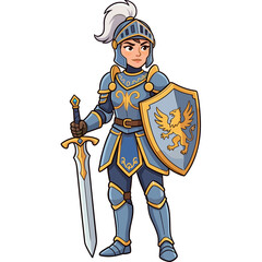 Obraz premium Full-body vector illustration of a brave female knight in blue armor with a sword and shield