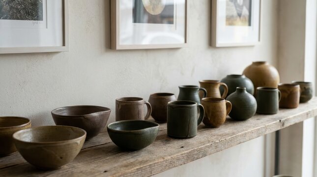 Assorted Handcrafted Ceramic Pottery Pieces Displayed on a Rustic Wooden Shelf with Neutral Tones