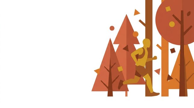 A person running through an abstract autumnal forest with flat design trees trail runner