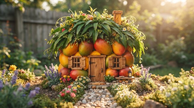 Whimsical mango fruit house in garden, miniature cottage made of fresh mangoes, surreal organic architecture in sunny backyard