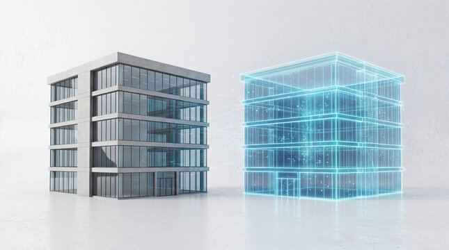 Digital twin building 3d model rendering showing physical structure and digital holographic data copy