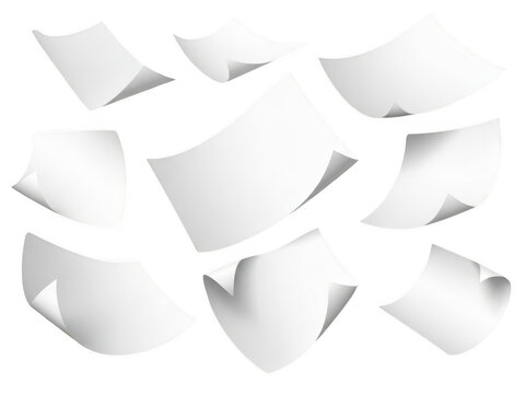 Falling white paper sheets floating isolated on a transparent background set