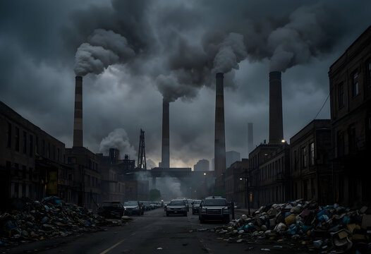 Industrial factory chimneys emitting thick smoke into a dark, polluted sky above a street filled with garbage and parked cars