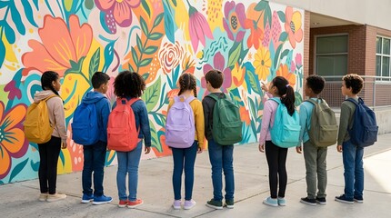 Obraz premium Diverse students with backpacks standing and looking at a colorful floral mural outdoors