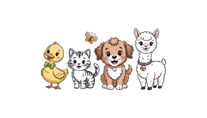 Naklejka premium Cute Farm Animal Character Set Featuring Duck, Cat, Puppy, Alpaca, and Butterfly Mascots for Kids, Nursery, Stickers, and Illustrations