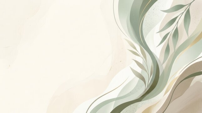 A beige and green abstract floral design with wavy lines and leaves on a beige background.