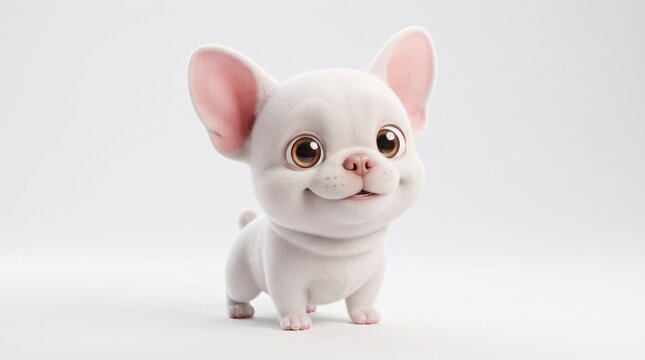 Adorable white French Bulldog puppy character, cute 3D cartoon dog with big ears, friendly pet mascot on white background