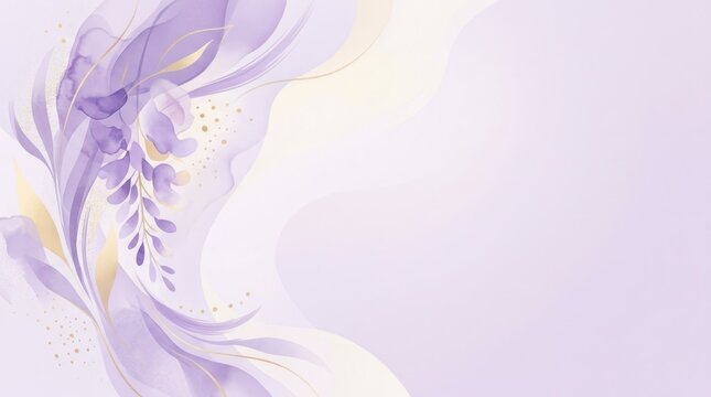 A purple and gold abstract floral design with flowing lines and waves on a soft, gradient background.