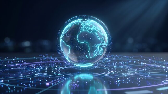 Glowing Blue Digital Earth Globe Hologram Floating Above Futuristic Data Grid Surface, Global Network Technology and Big Data Connectivity Concept Background
