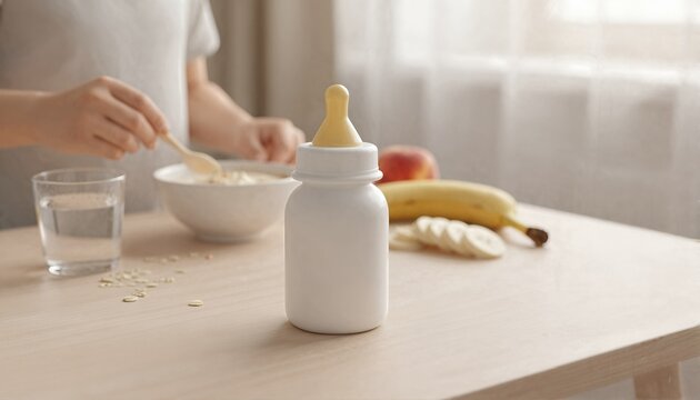 Minimalist white baby bottle on a wooden table during breakfast preparation in a sunny nursery