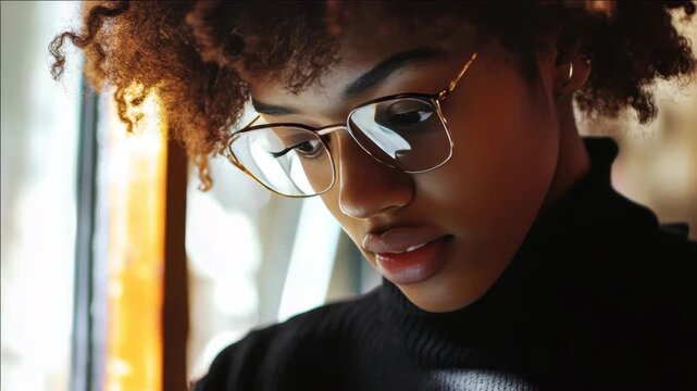 A close-up portrait of a young woman with curly hair and glasses, captured inside an indoor setting with warm light. She has a relaxed yet thoughtful expression on her face.