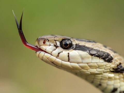 Close-up of venomous red-tongued viper snake flicking forked tongue in natural habitat